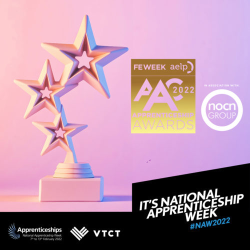 Awards photo with FE Week AELP and ACC Apprenticeship award logo
